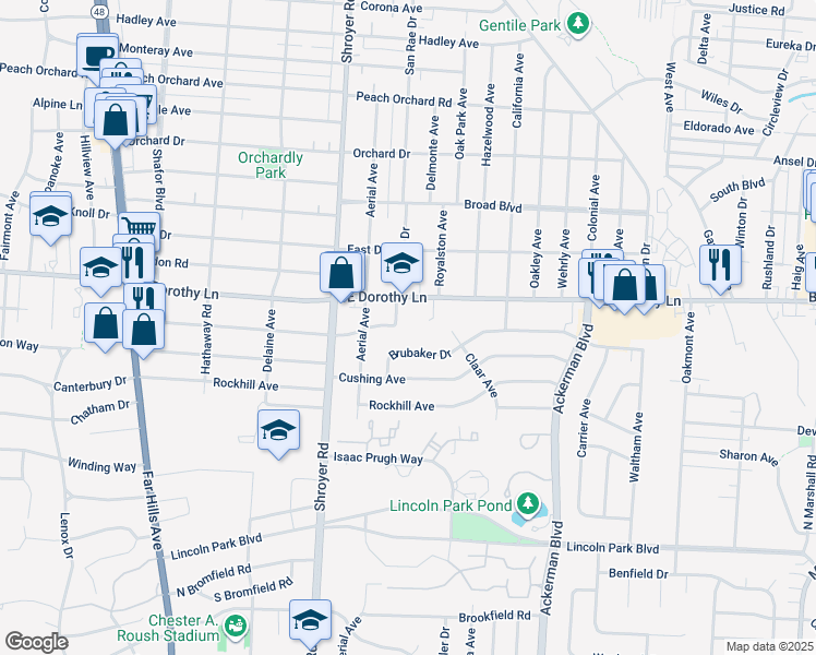 map of restaurants, bars, coffee shops, grocery stores, and more near 600 East Dorothy Lane in Dayton
