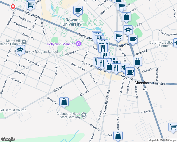 map of restaurants, bars, coffee shops, grocery stores, and more near 105 Ellis Street in Glassboro