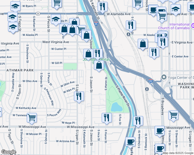 map of restaurants, bars, coffee shops, grocery stores, and more near 730 South Jason Street in Denver