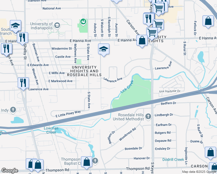 map of restaurants, bars, coffee shops, grocery stores, and more near 1901 Lawrence Avenue in Indianapolis