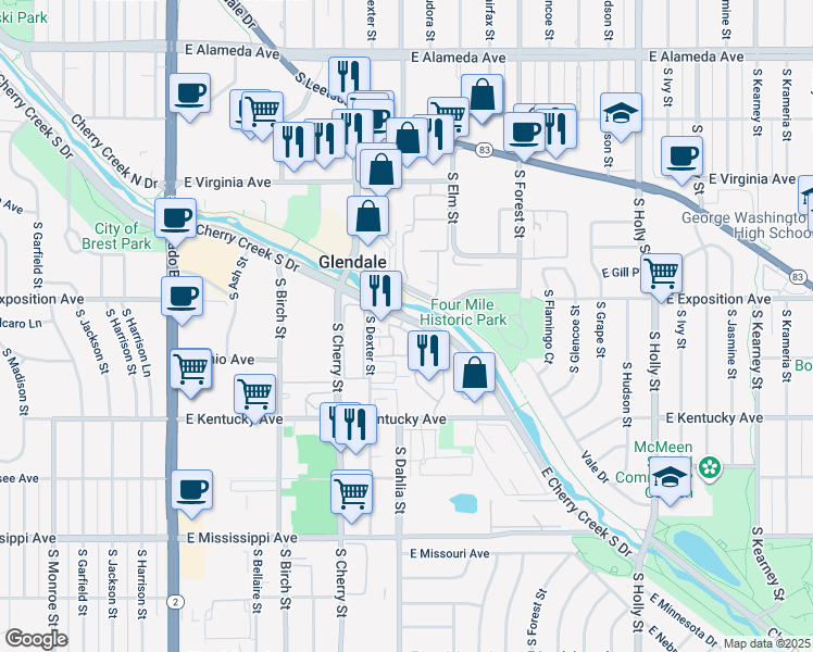 map of restaurants, bars, coffee shops, grocery stores, and more near 4750 Cherry Creek South Drive in Denver