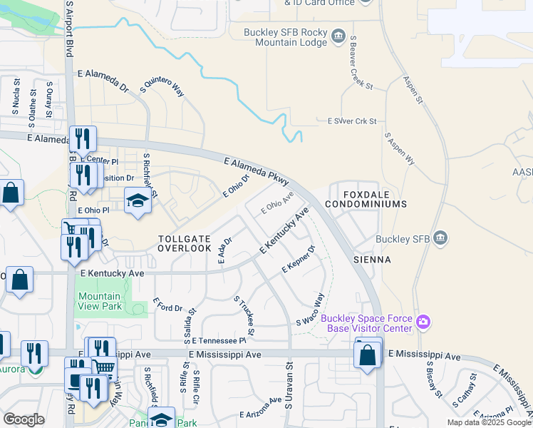 map of restaurants, bars, coffee shops, grocery stores, and more near 18034 East Ohio Avenue in Aurora