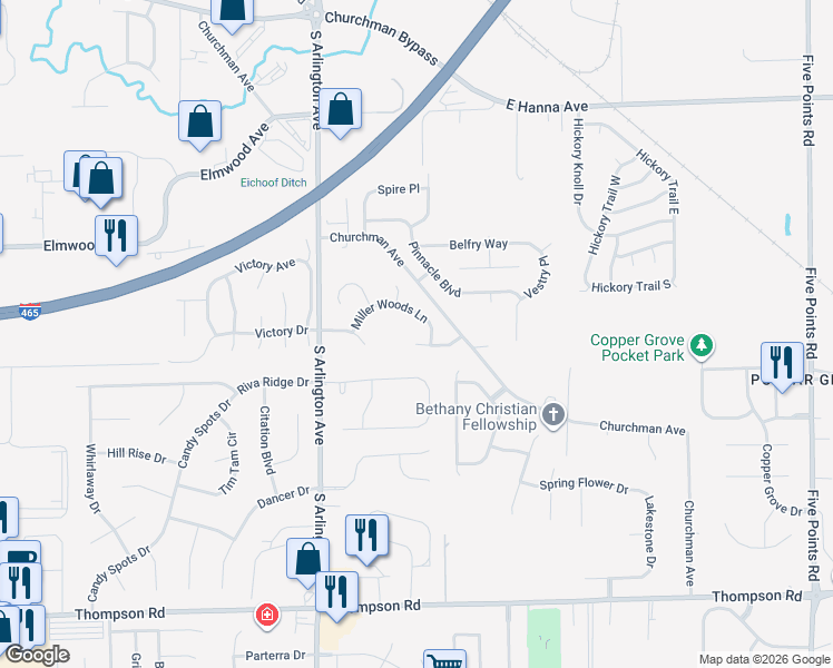 map of restaurants, bars, coffee shops, grocery stores, and more near 6156 Churchman Way in Indianapolis