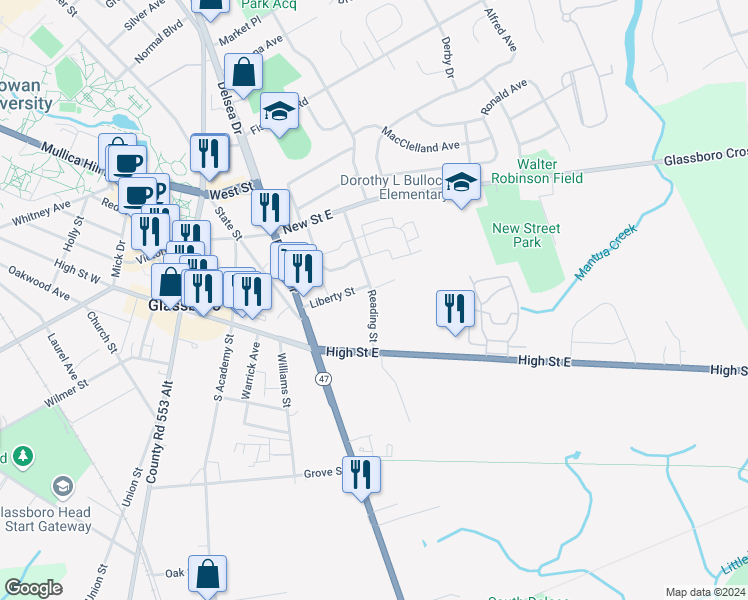 map of restaurants, bars, coffee shops, grocery stores, and more near 11 Reading Street in Glassboro