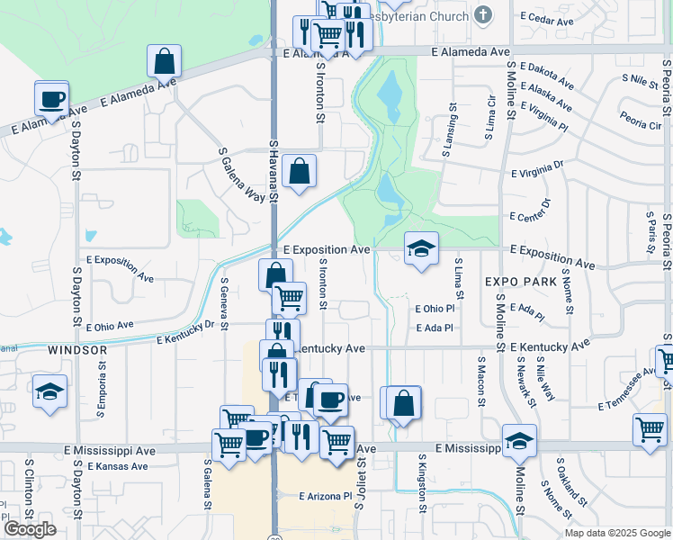 map of restaurants, bars, coffee shops, grocery stores, and more near 10772 East Exposition Avenue in Aurora