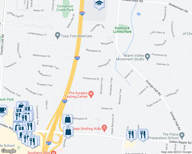 map of restaurants, bars, coffee shops, grocery stores, and more near 4122 Pennywood Drive in Dayton