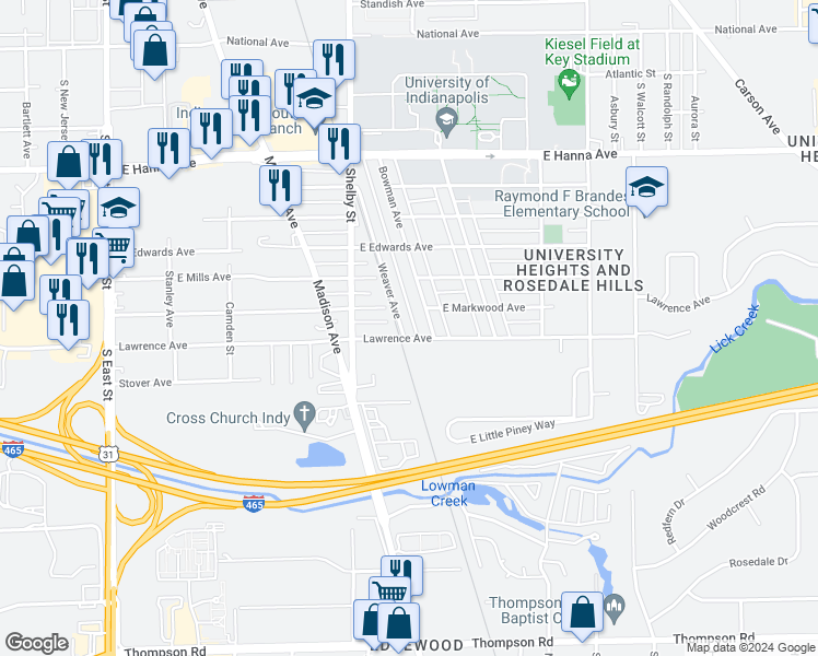 map of restaurants, bars, coffee shops, grocery stores, and more near 4253 Weaver Avenue in Indianapolis