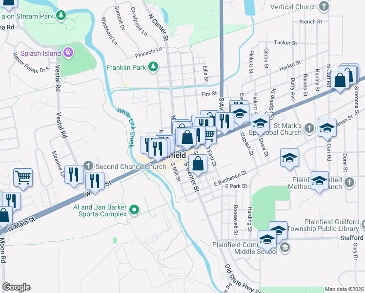 map of restaurants, bars, coffee shops, grocery stores, and more near in Plainfield