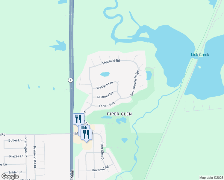 map of restaurants, bars, coffee shops, grocery stores, and more near 2605 Killarney Road in Springfield