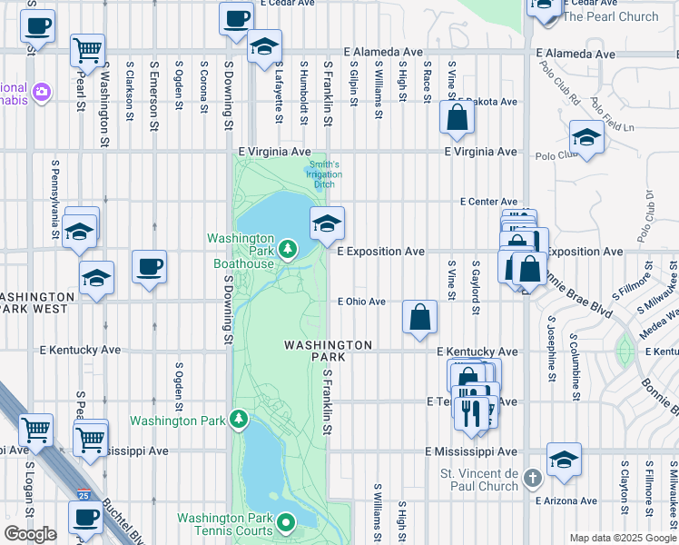 map of restaurants, bars, coffee shops, grocery stores, and more near 700 South Franklin Street in Denver