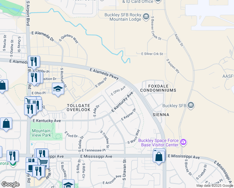 map of restaurants, bars, coffee shops, grocery stores, and more near 18053 East Ohio Avenue in Aurora