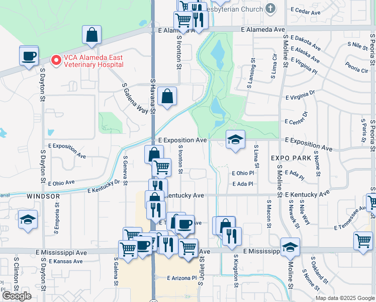 map of restaurants, bars, coffee shops, grocery stores, and more near 10702 South Ironton Street in Aurora