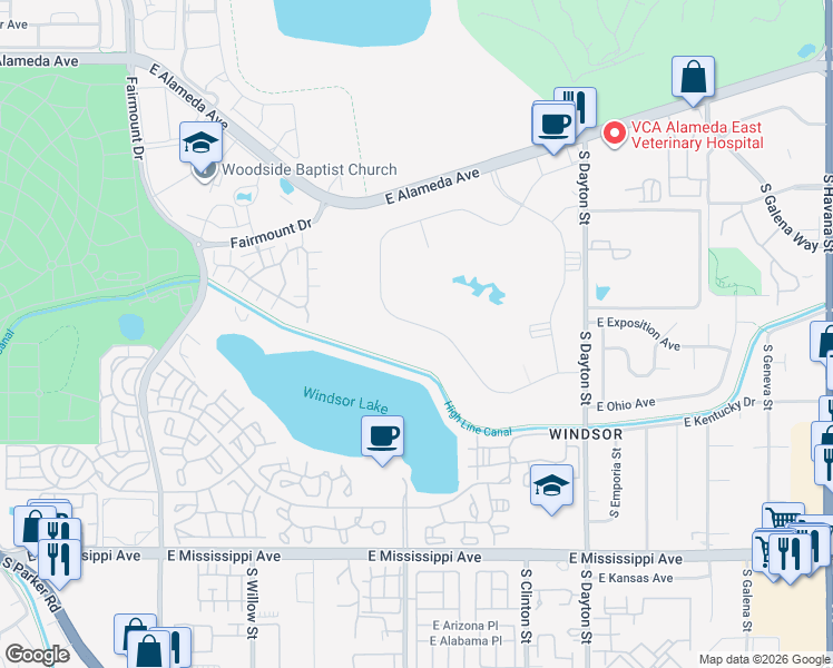 map of restaurants, bars, coffee shops, grocery stores, and more near 675 South Alton Way in Denver