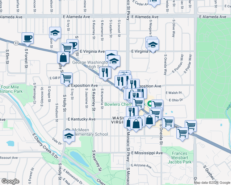 map of restaurants, bars, coffee shops, grocery stores, and more near 6336 Leetsdale Drive in Denver