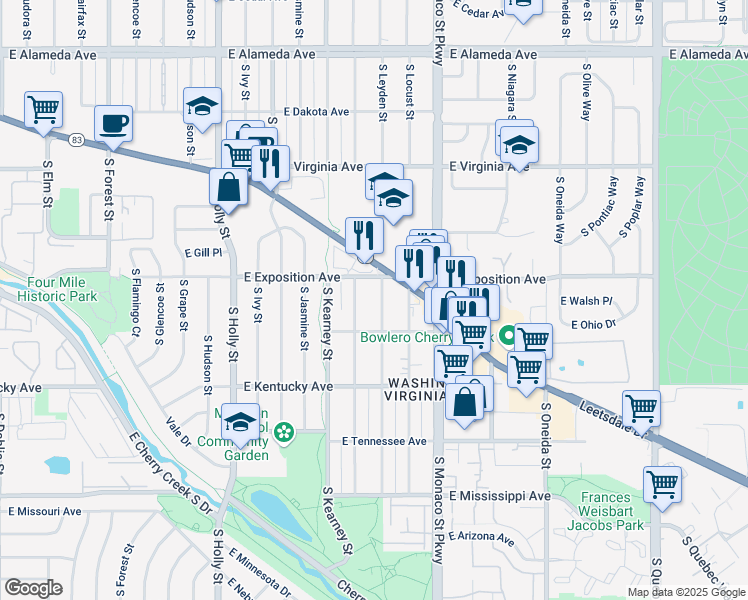 map of restaurants, bars, coffee shops, grocery stores, and more near 710 South Krameria Street in Denver