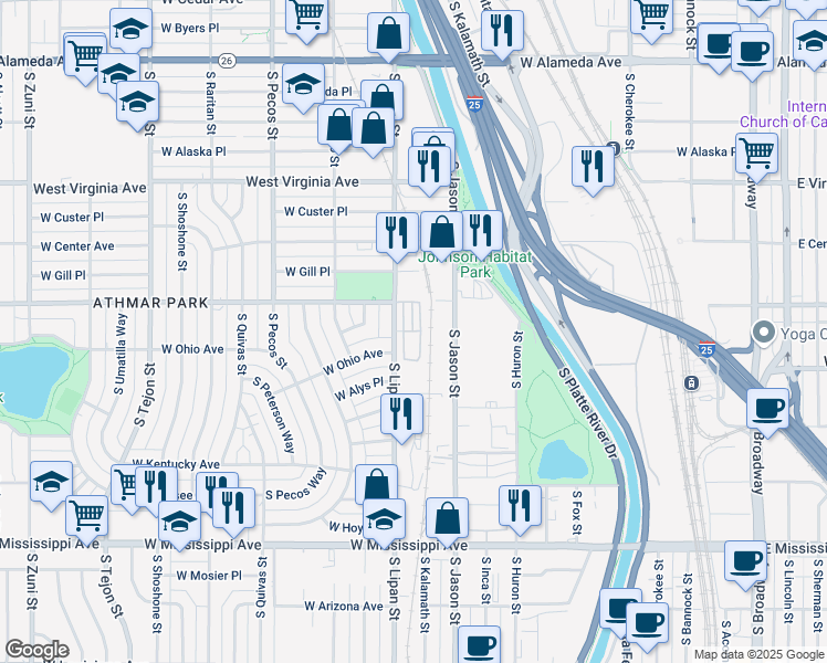 map of restaurants, bars, coffee shops, grocery stores, and more near 728 South Lipan Street in Denver