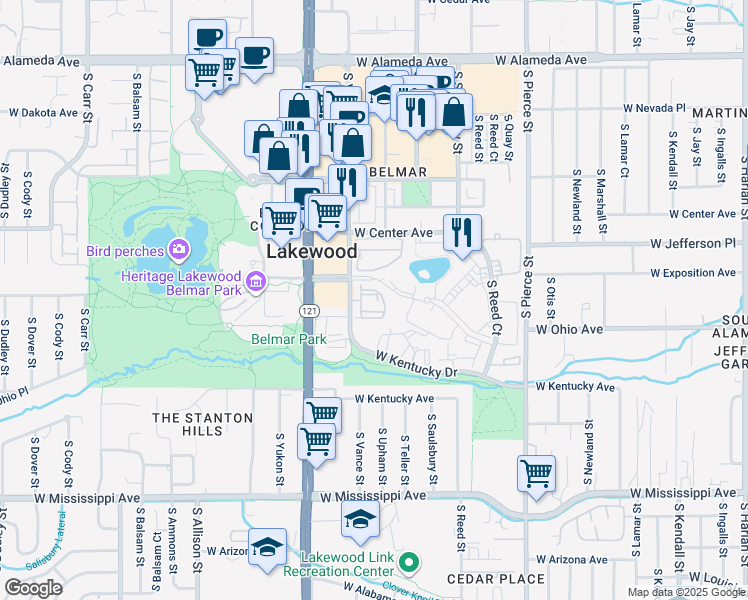 map of restaurants, bars, coffee shops, grocery stores, and more near 818 South Vance Street in Lakewood