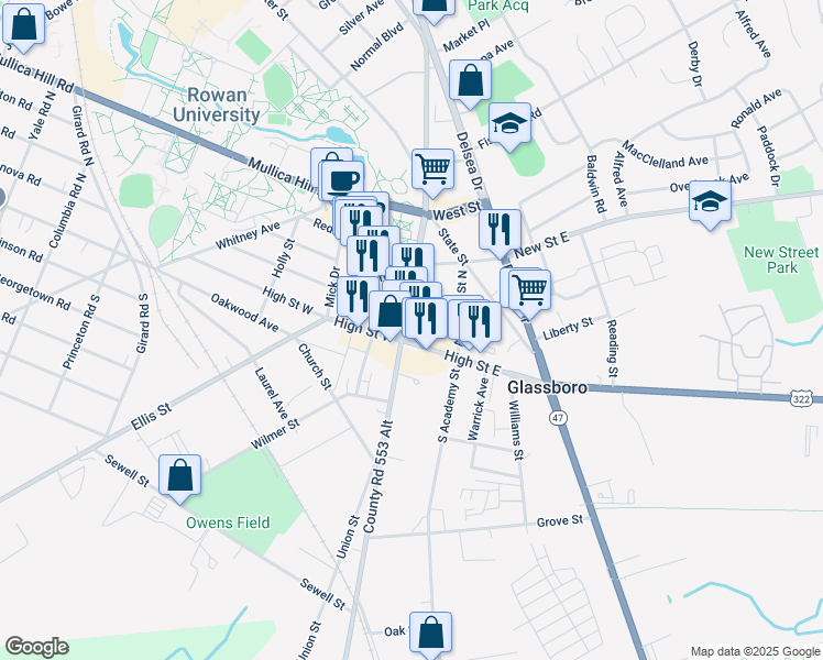 map of restaurants, bars, coffee shops, grocery stores, and more near 15 College Avenue in Glassboro