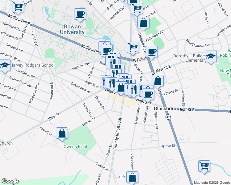 map of restaurants, bars, coffee shops, grocery stores, and more near 10 Rowan Boulevard in Glassboro