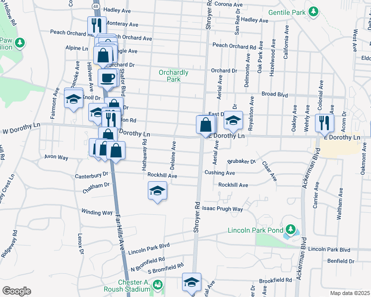 map of restaurants, bars, coffee shops, grocery stores, and more near 424 East Dorothy Lane in Dayton