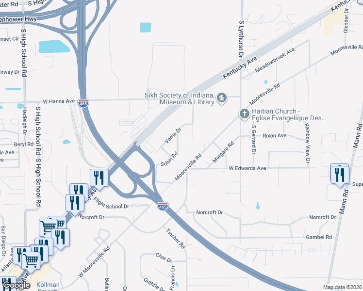 map of restaurants, bars, coffee shops, grocery stores, and more near 4200 Solun Road in Indianapolis