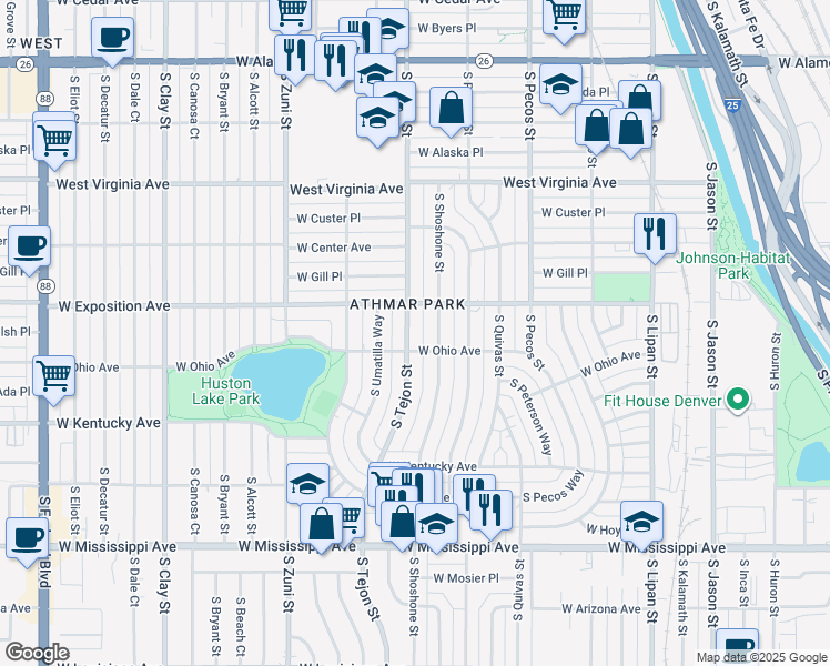 map of restaurants, bars, coffee shops, grocery stores, and more near 740 South Tejon Street in Denver