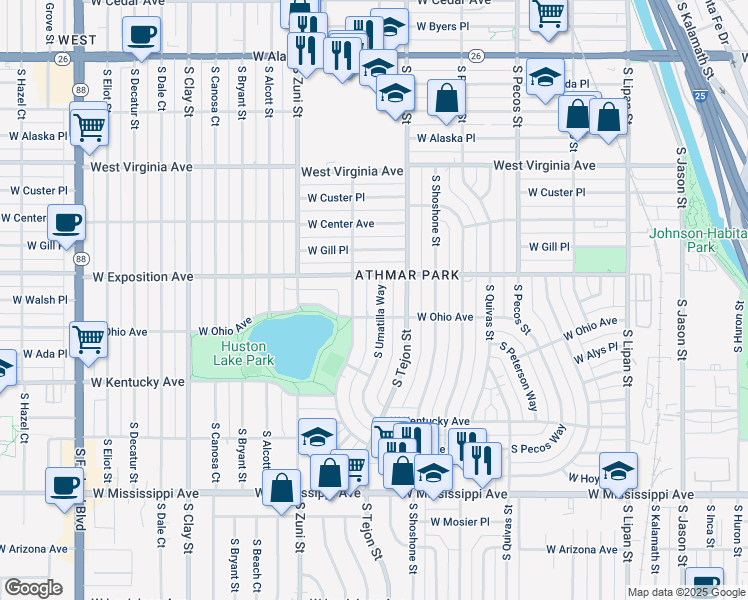 map of restaurants, bars, coffee shops, grocery stores, and more near 741 South Umatilla Way in Denver
