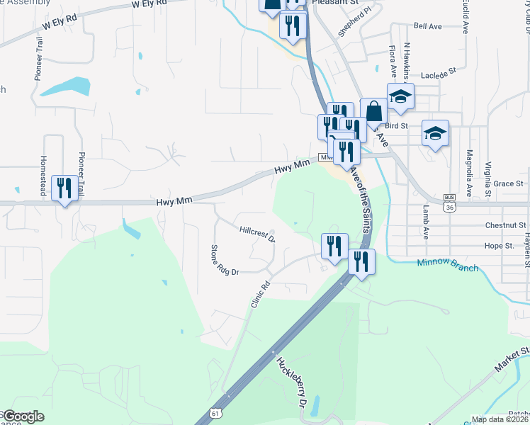map of restaurants, bars, coffee shops, grocery stores, and more near 199 Stevens Drive in Hannibal