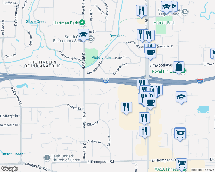 map of restaurants, bars, coffee shops, grocery stores, and more near 514 North Bend Road in Beech Grove