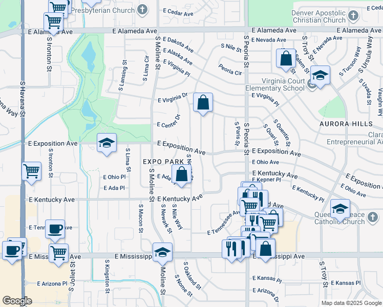 map of restaurants, bars, coffee shops, grocery stores, and more near 708 South Nome Street in Aurora