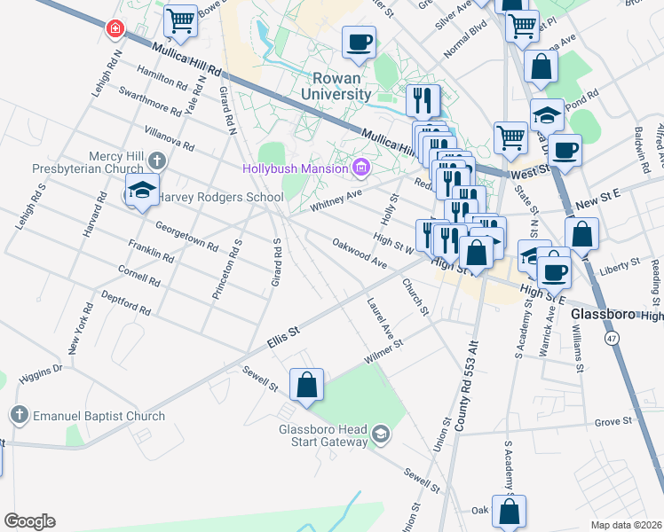 map of restaurants, bars, coffee shops, grocery stores, and more near 227 Laurel Avenue in Glassboro