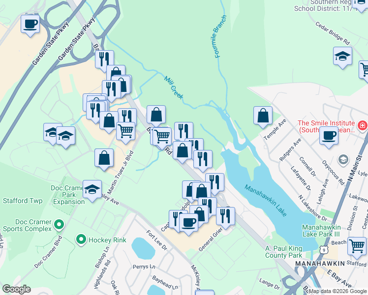map of restaurants, bars, coffee shops, grocery stores, and more near 434 New Jersey 72 in Stafford Township