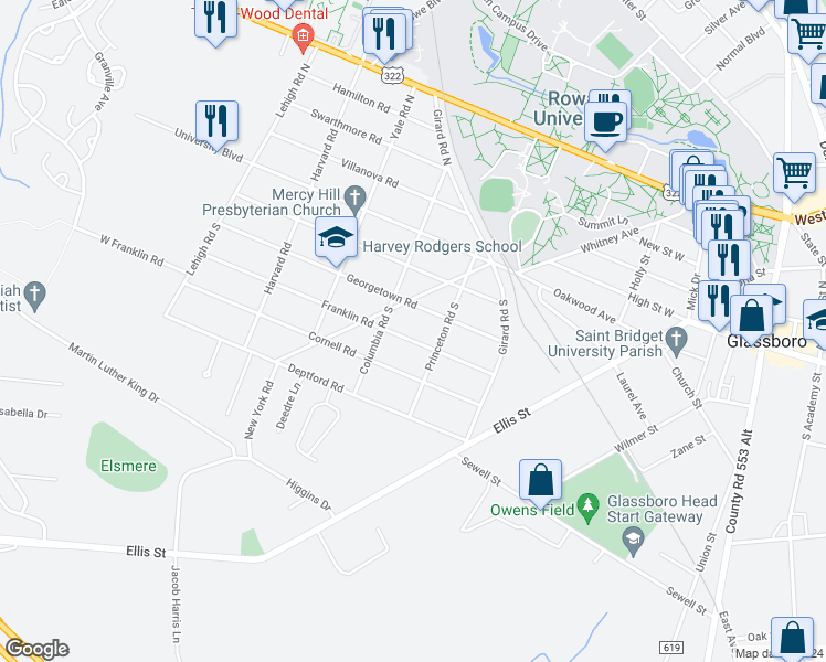 map of restaurants, bars, coffee shops, grocery stores, and more near 111 Franklin Road in Glassboro