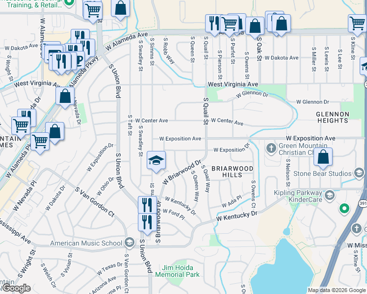 map of restaurants, bars, coffee shops, grocery stores, and more near 11380 West Exposition Avenue in Lakewood