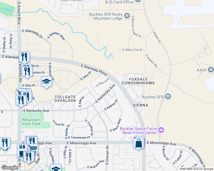 map of restaurants, bars, coffee shops, grocery stores, and more near 18106 East Ohio Avenue in Aurora