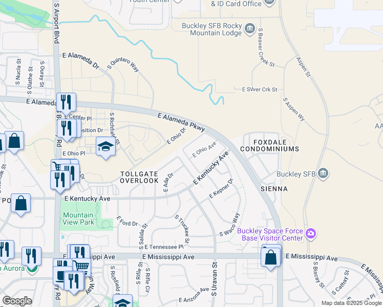 map of restaurants, bars, coffee shops, grocery stores, and more near 18053 East Ohio Avenue in Aurora