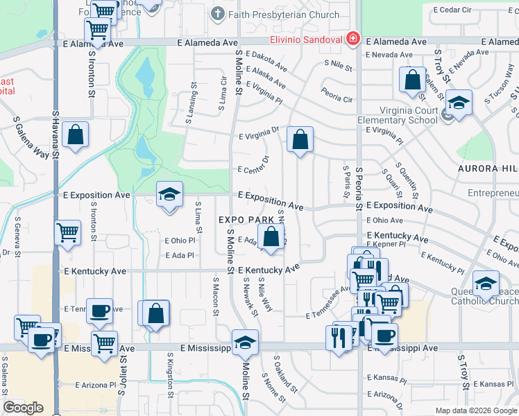 map of restaurants, bars, coffee shops, grocery stores, and more near 706 South Nile Way in Aurora