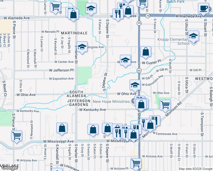 map of restaurants, bars, coffee shops, grocery stores, and more near 762 South Depew Street in Lakewood