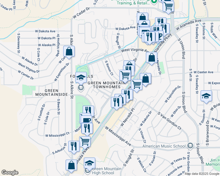 map of restaurants, bars, coffee shops, grocery stores, and more near 12815 West Alameda Drive in Lakewood