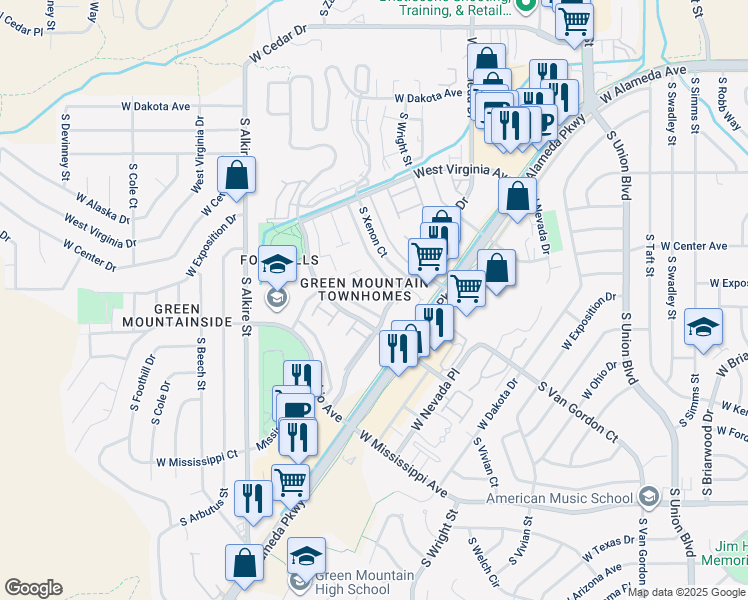 map of restaurants, bars, coffee shops, grocery stores, and more near 12815 West Alameda Drive in Lakewood