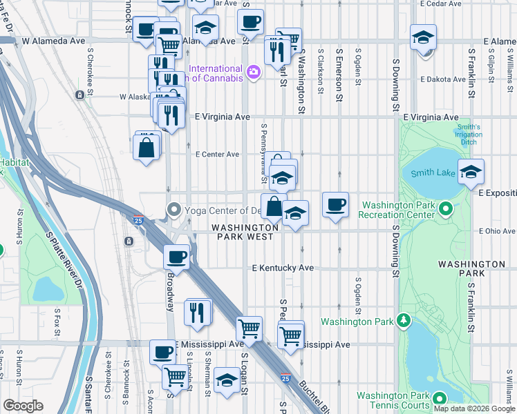 map of restaurants, bars, coffee shops, grocery stores, and more near 725 South Pennsylvania Street in Denver