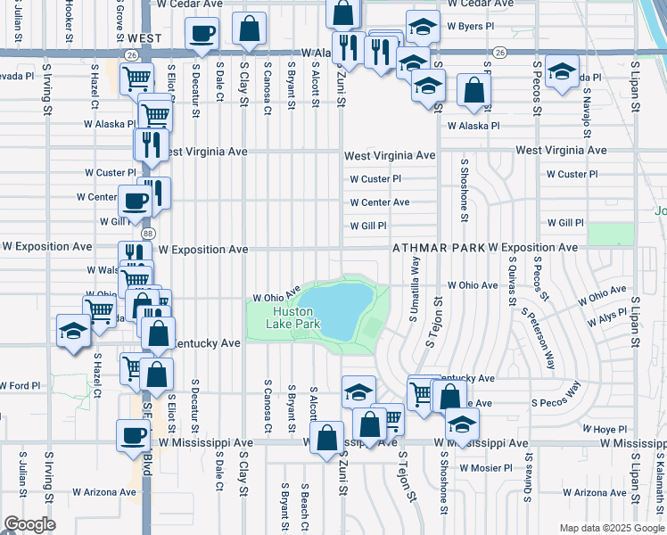map of restaurants, bars, coffee shops, grocery stores, and more near 735 South Zuni Street in Denver