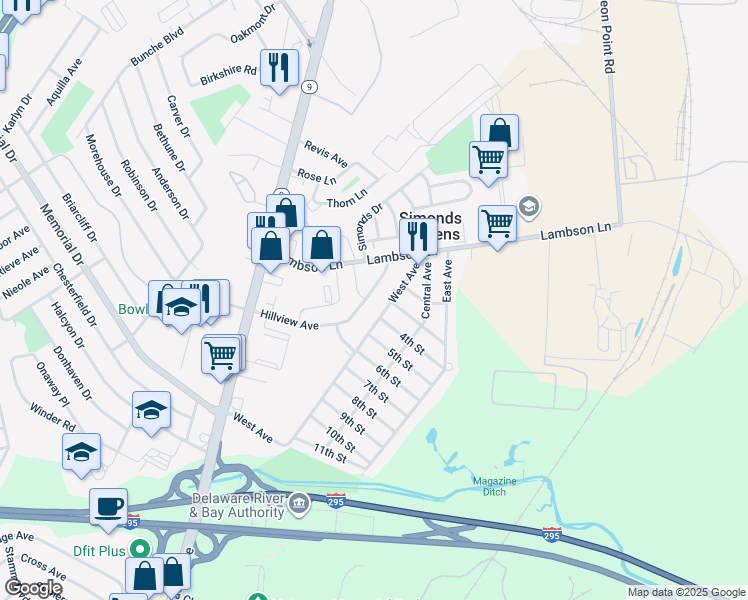 map of restaurants, bars, coffee shops, grocery stores, and more near 16 Hillview Avenue in New Castle
