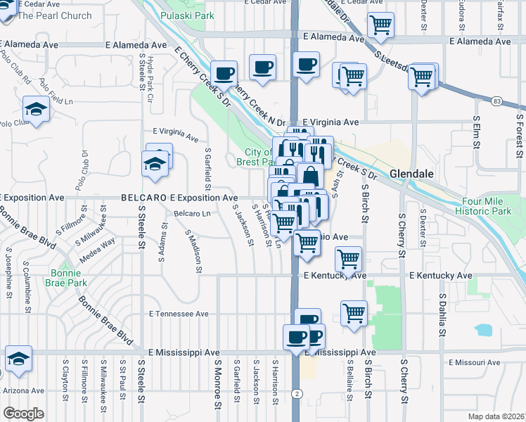 map of restaurants, bars, coffee shops, grocery stores, and more near 700 South Harrison Street in Denver