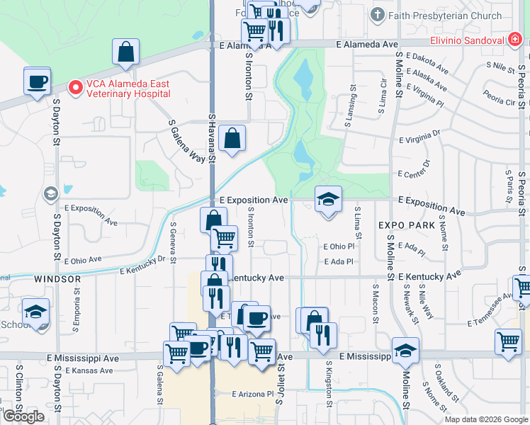 map of restaurants, bars, coffee shops, grocery stores, and more near 10782 East Exposition Avenue in Aurora