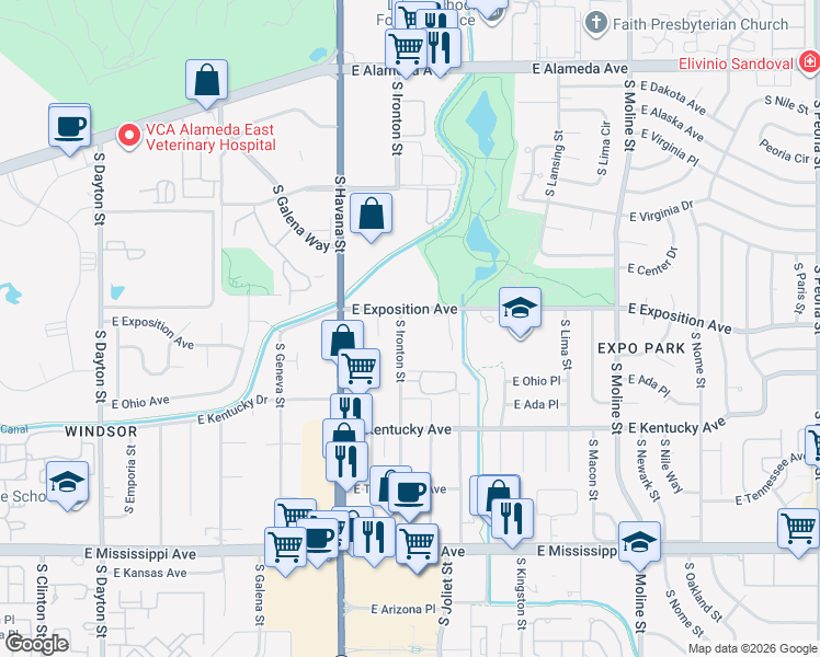 map of restaurants, bars, coffee shops, grocery stores, and more near 10702 South Ironton Street in Aurora