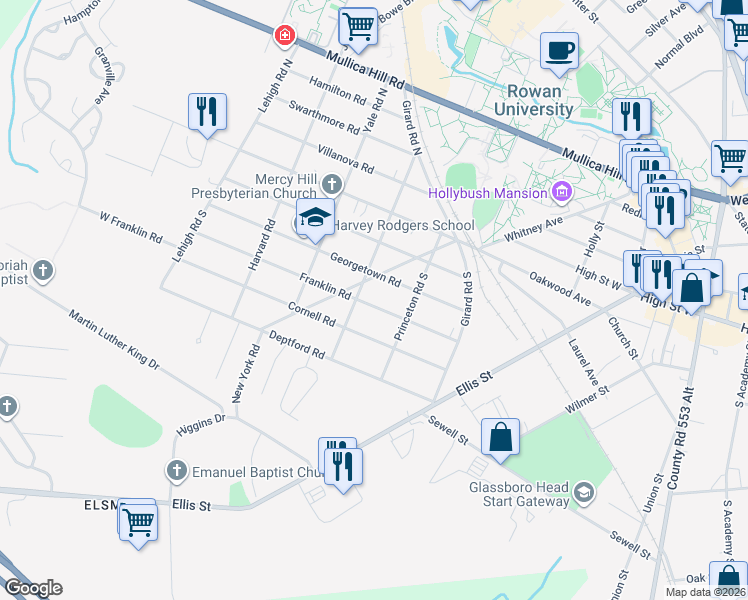 map of restaurants, bars, coffee shops, grocery stores, and more near 117 Franklin Road in Glassboro