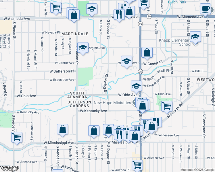 map of restaurants, bars, coffee shops, grocery stores, and more near 762 South Depew Street in Lakewood