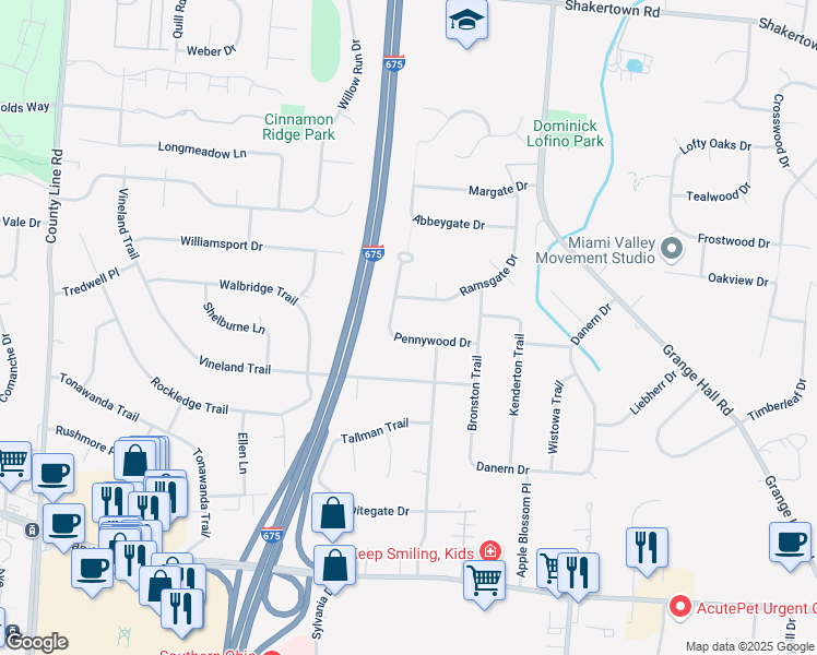 map of restaurants, bars, coffee shops, grocery stores, and more near 4172 Pennywood Drive in Dayton