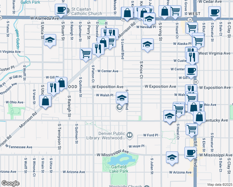 map of restaurants, bars, coffee shops, grocery stores, and more near 3723 West Walsh Place in Denver